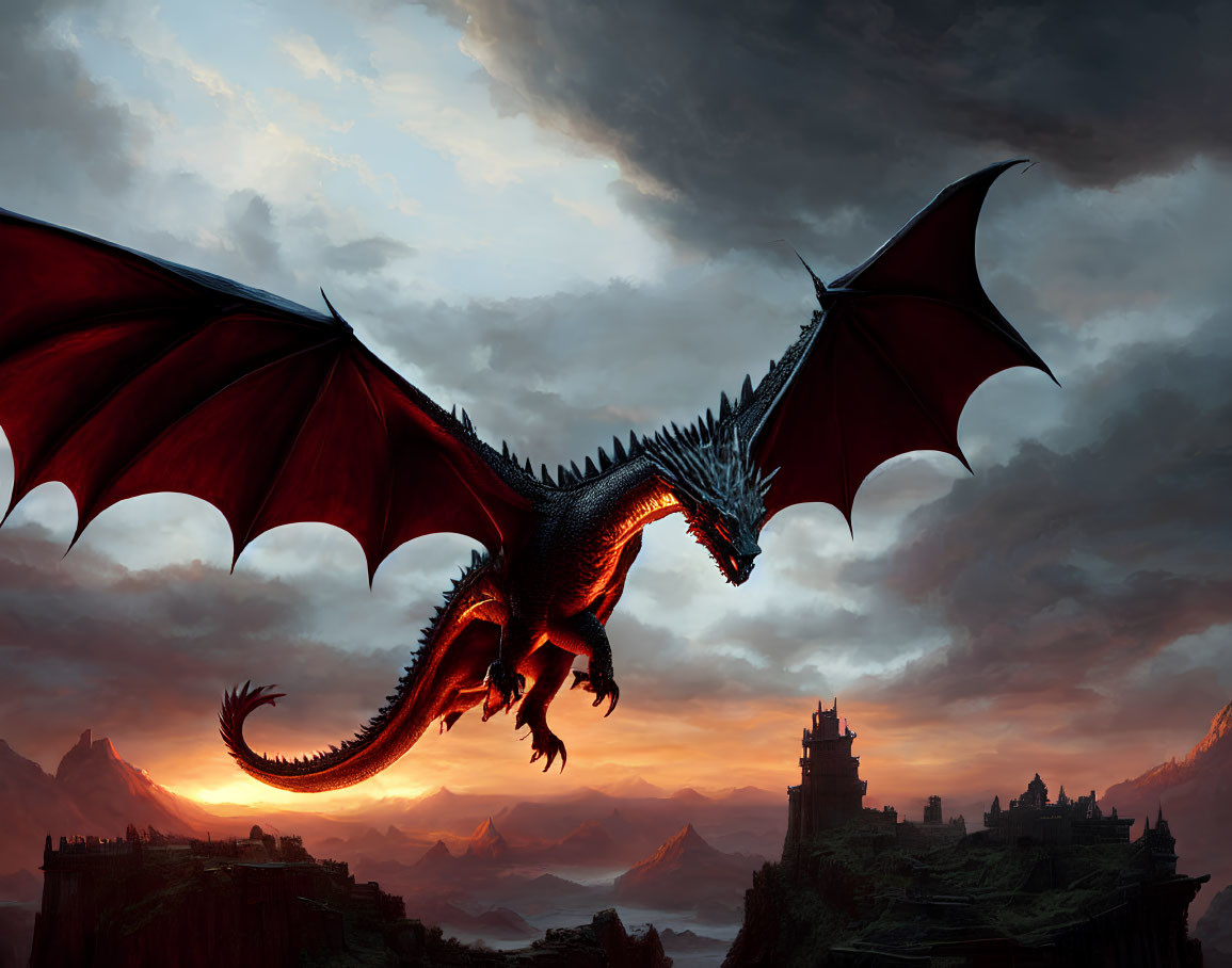 Red-winged dragon soaring over silhouette castles in a dramatic mountain landscape