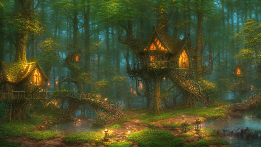 Enchanting forest with illuminated treehouses and wooden bridges