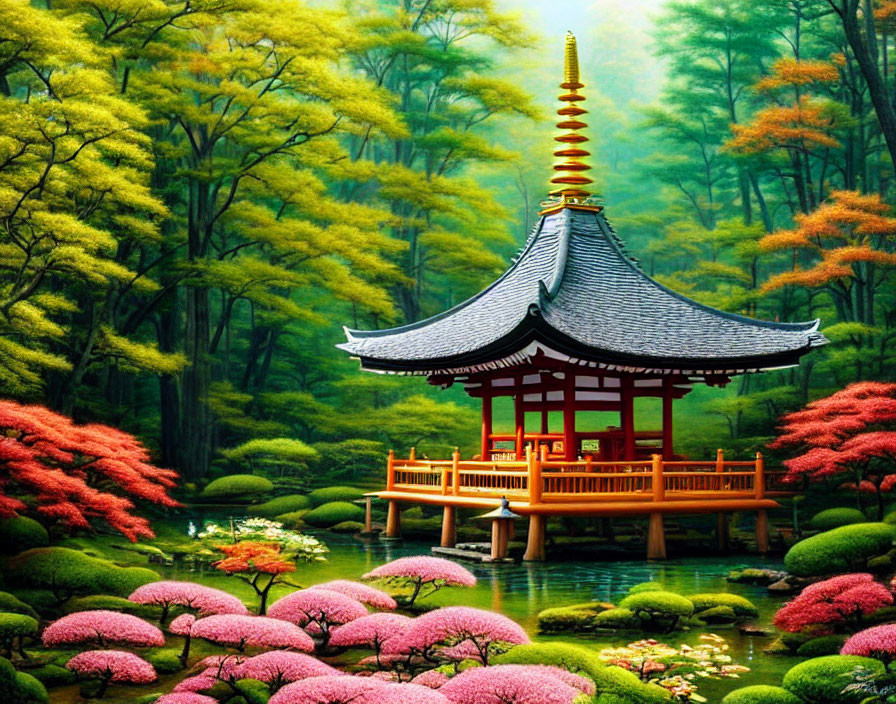 Traditional Japanese Pagoda in Vibrant Forest with Pink Flora