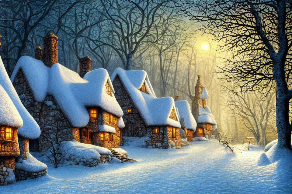 Winter forest landscape with snow-covered cottages at sunset