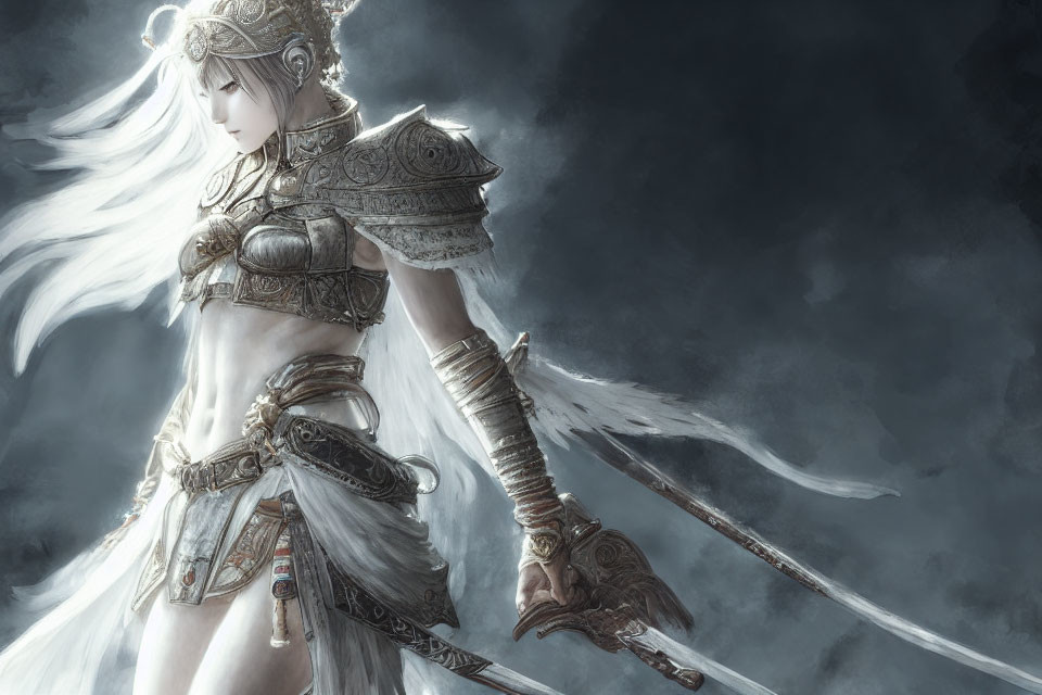 Female warrior in armor with feathered headdress wields ornate sword against misty backdrop