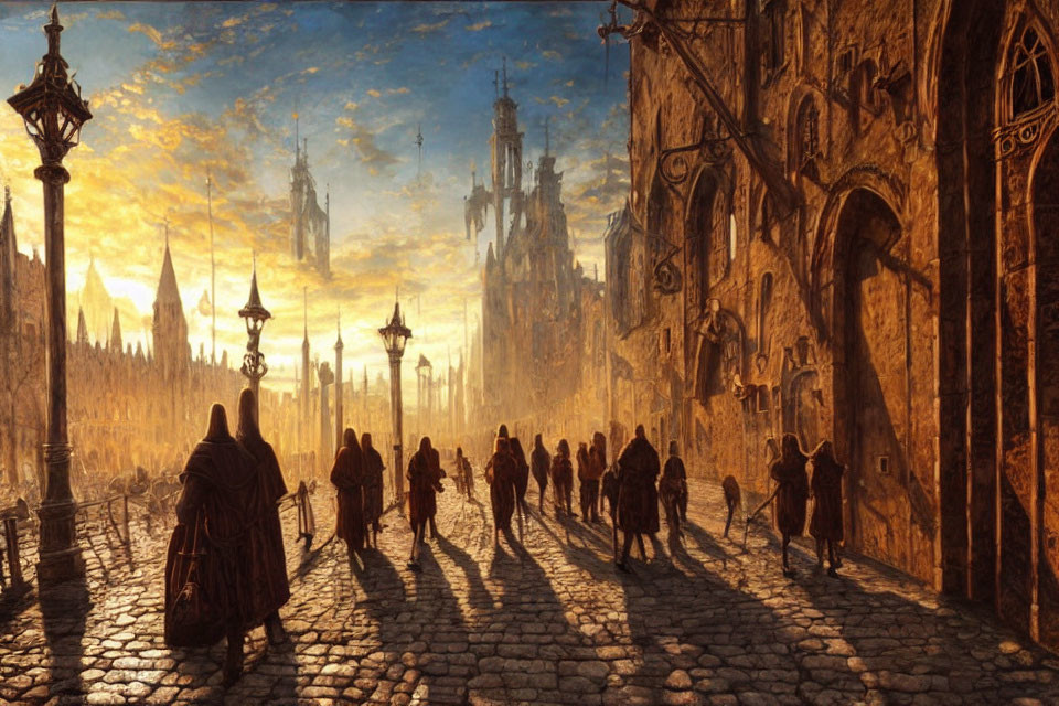 Medieval city street at sunset with townsfolk and cloaked figure among ornate buildings