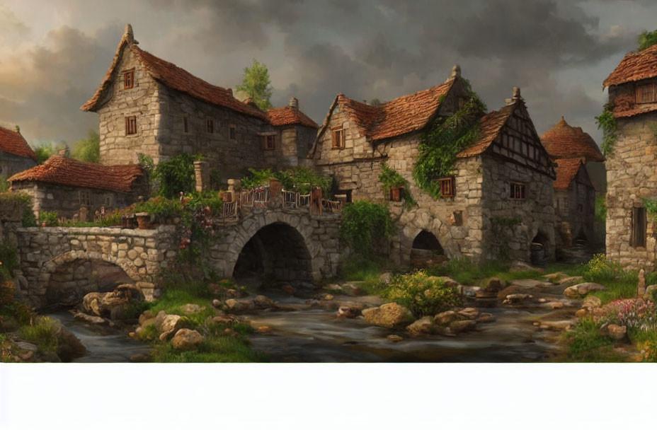 Medieval village with stone houses, thatched roofs, arch bridges, and serene river.