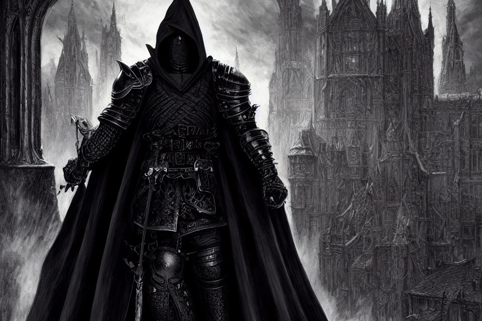 Cloaked figure in ornate armor against gothic backdrop.