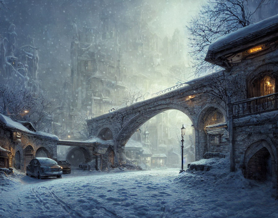 Snowy Evening in Historical City with Gothic Architecture and Stone Bridge