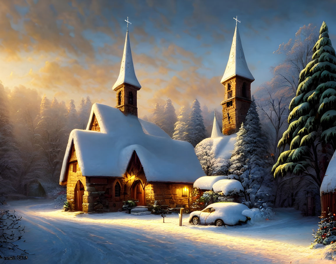 Snow-covered church and cottage in serene winter scene