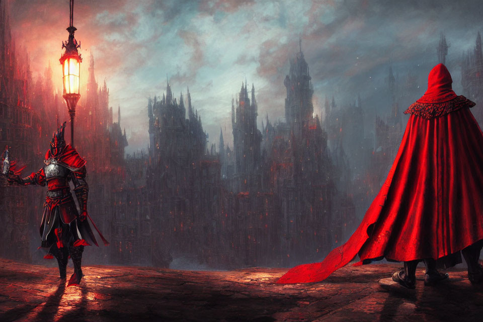 Ornate armored knight and figure in red cloak in gothic cityscape at dusk