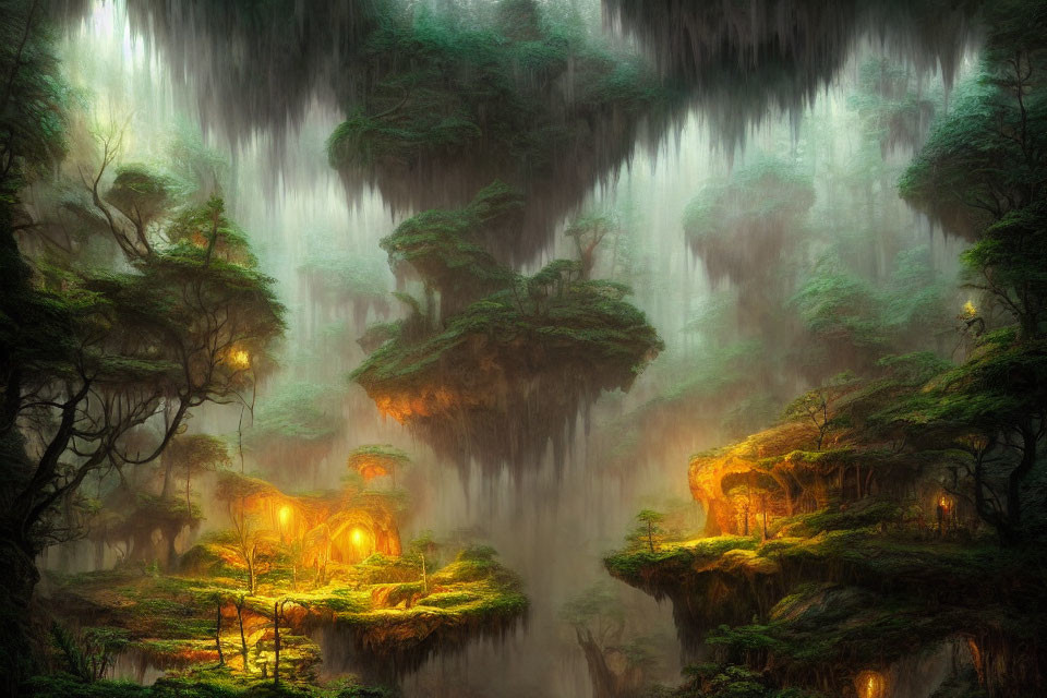 Ethereal forest with floating islands and glowing lights