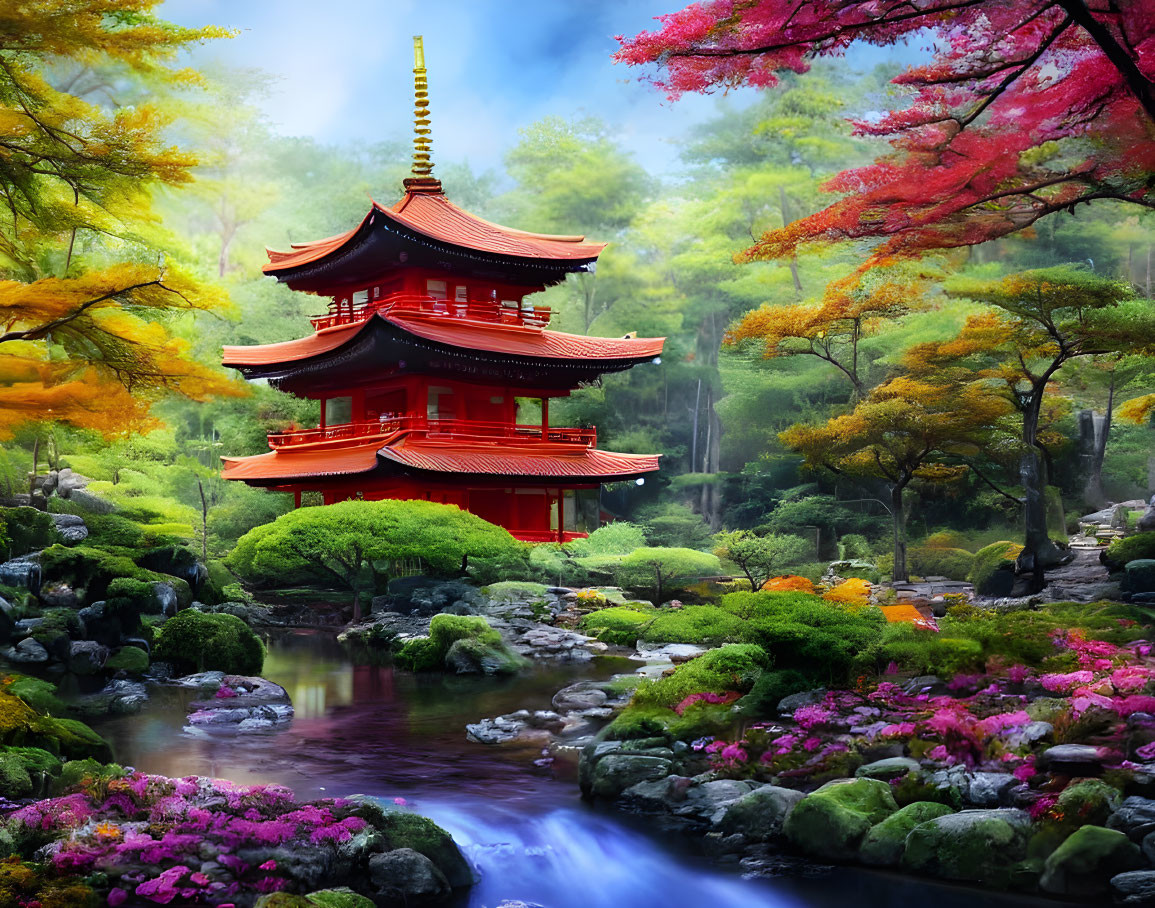 Colorful garden with red pagoda, pink flowers, green trees, stream, and misty ambiance