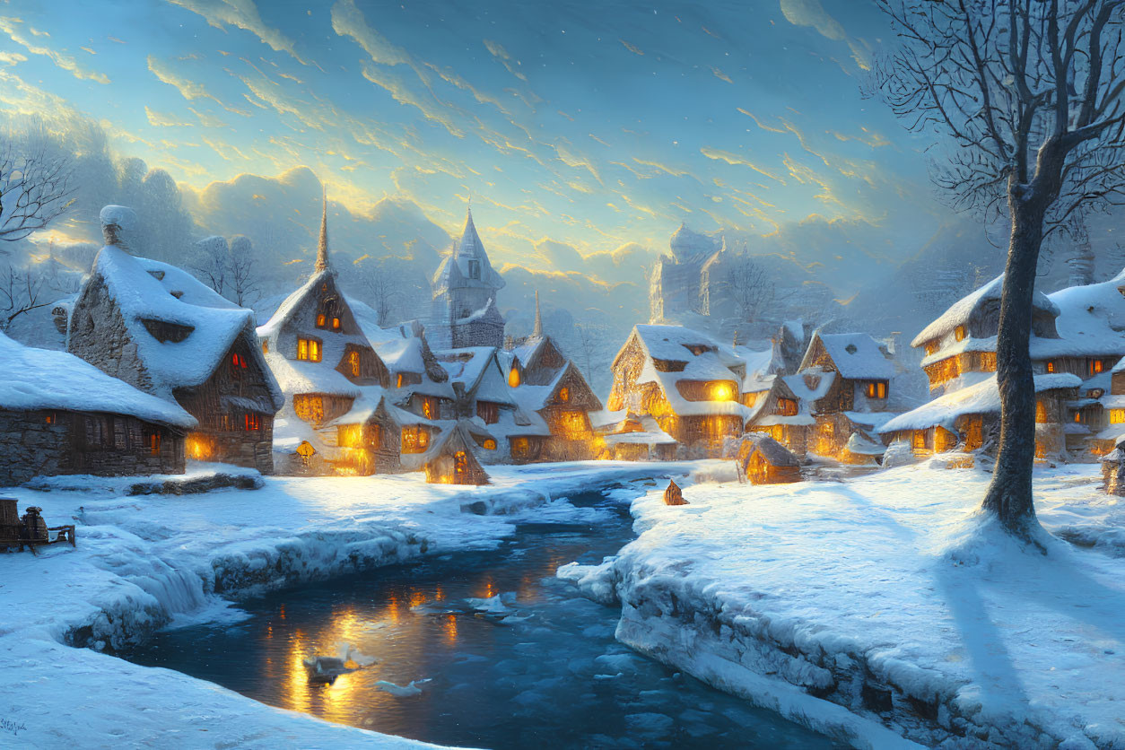 Snowy village with thatched-roof houses and glowing lights at dusk