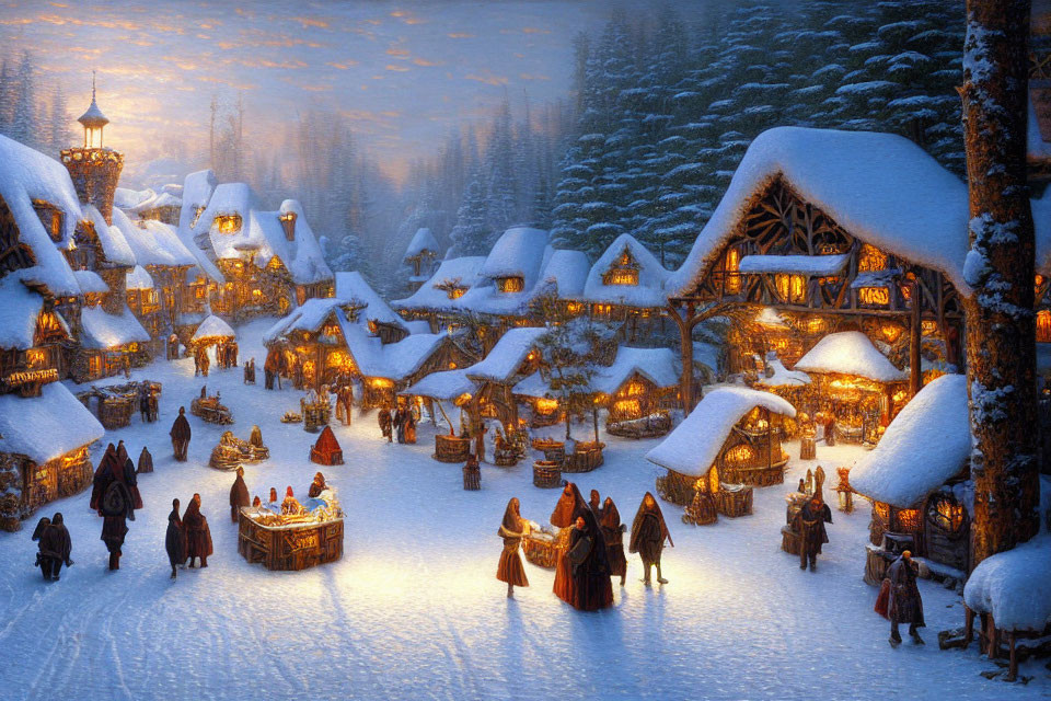 Snow-covered cottages and market stalls in a winter village scene at dusk