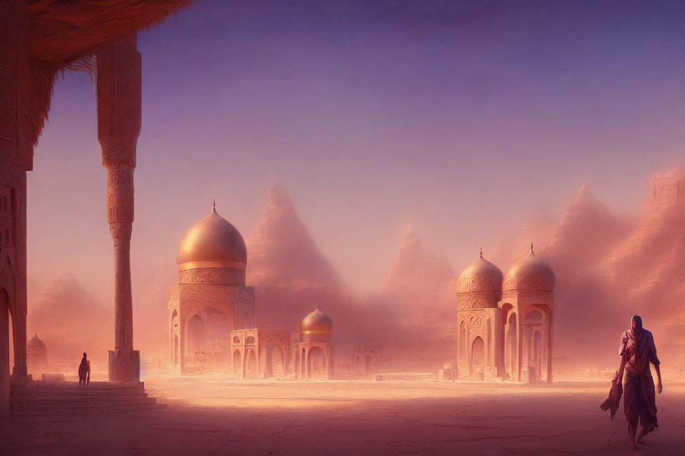 Desert scene with lone figure approaching ornate domed buildings