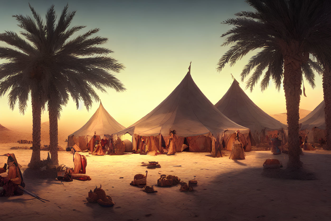 Sunset desert camp with large tents and palm trees: serene ambiance captured.