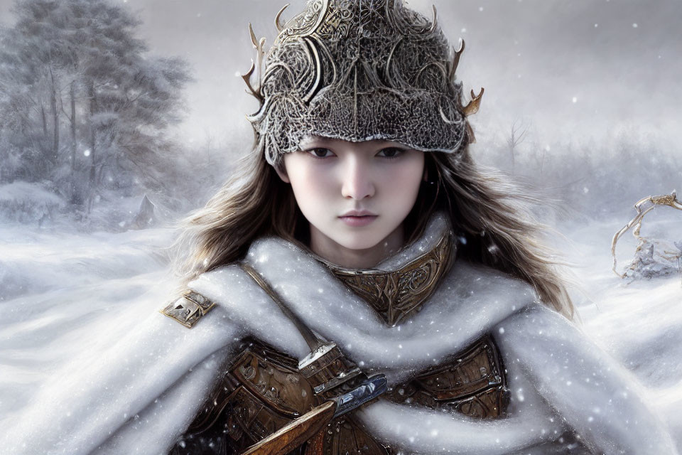 Female warrior in ornate armor against snowy landscape