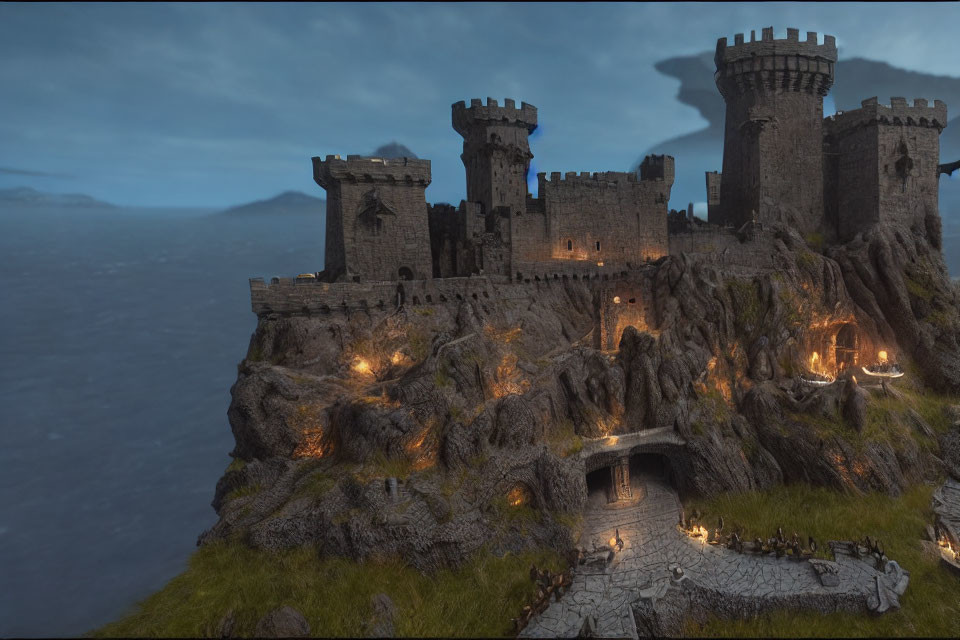 Stone castle on rugged cliff under stormy sky with lit torches