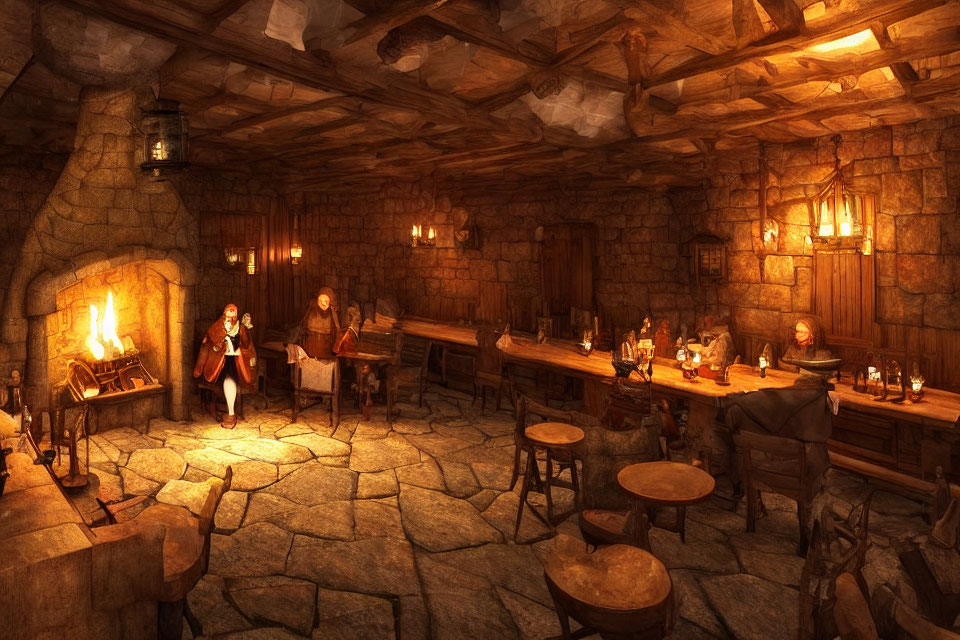 Medieval Tavern Interior with Stone Walls and Fireplace