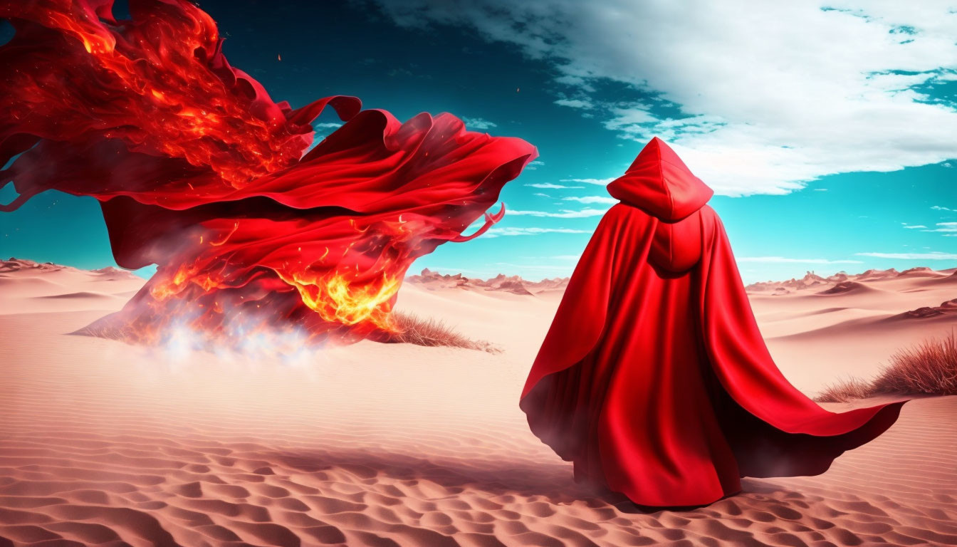 Person in Red Cloak Faces Floral Explosion in Desert