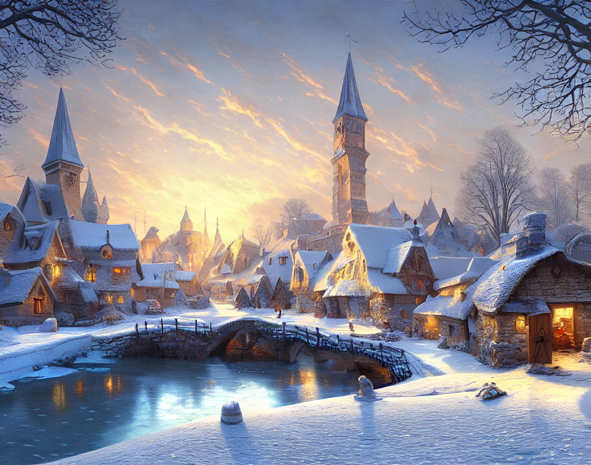 Snowy village at dusk: quaint houses, stone bridge, frozen river, glowing sunset sky