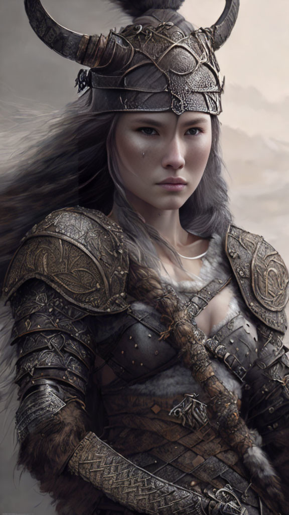 Female warrior in ornate armor with horned helmet against misty mountainous backdrop