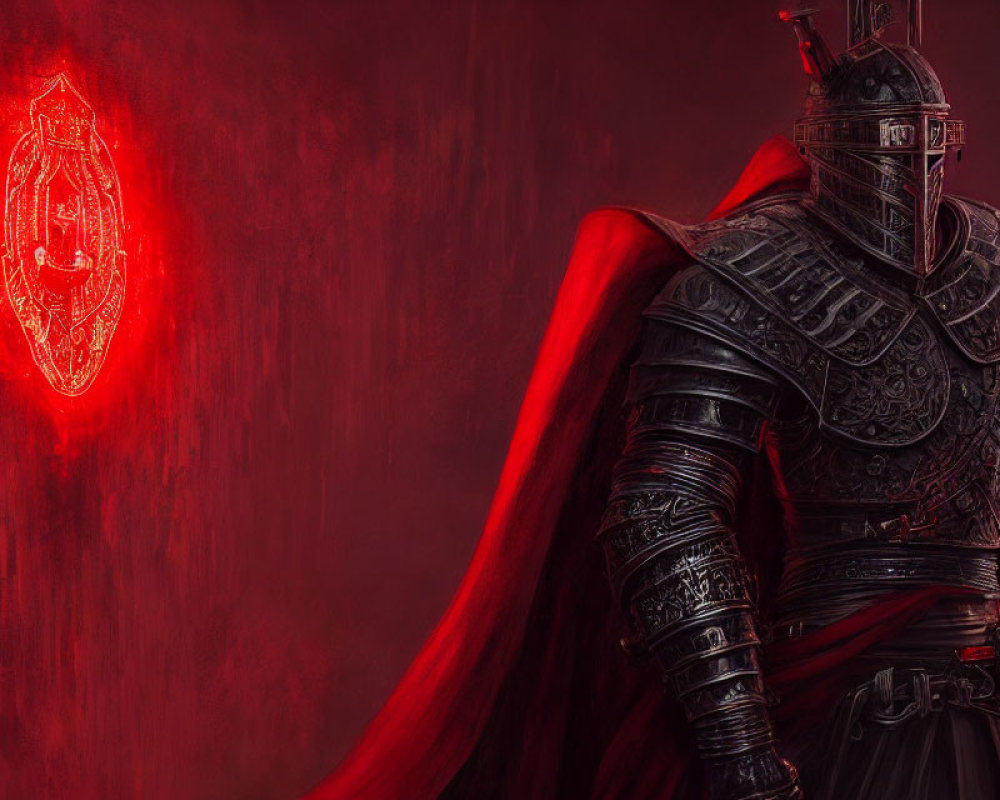 Ornate Black Knight with Red Cape and Shield Emblem on Dark Red Background