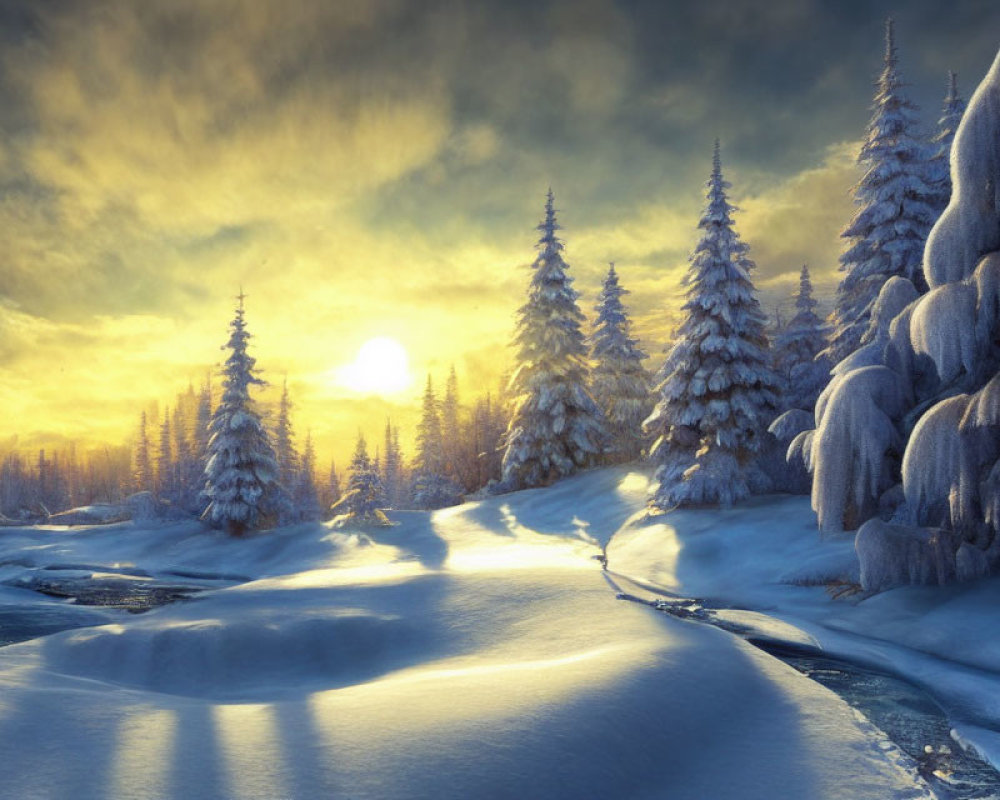 Winter landscape: Snow-covered pine trees, frozen river, setting sun glow