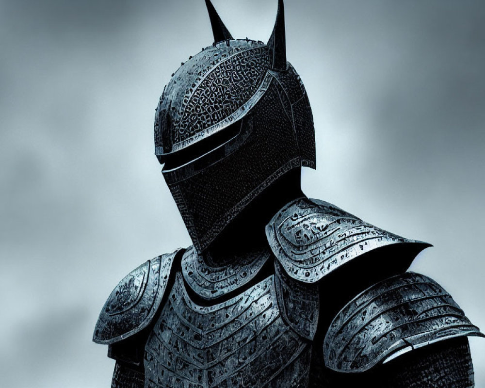 Detailed Medieval Knight in Intricate Armor Under Gloomy Sky