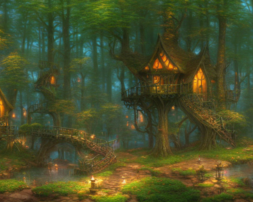 Enchanting forest with illuminated treehouses and wooden bridges