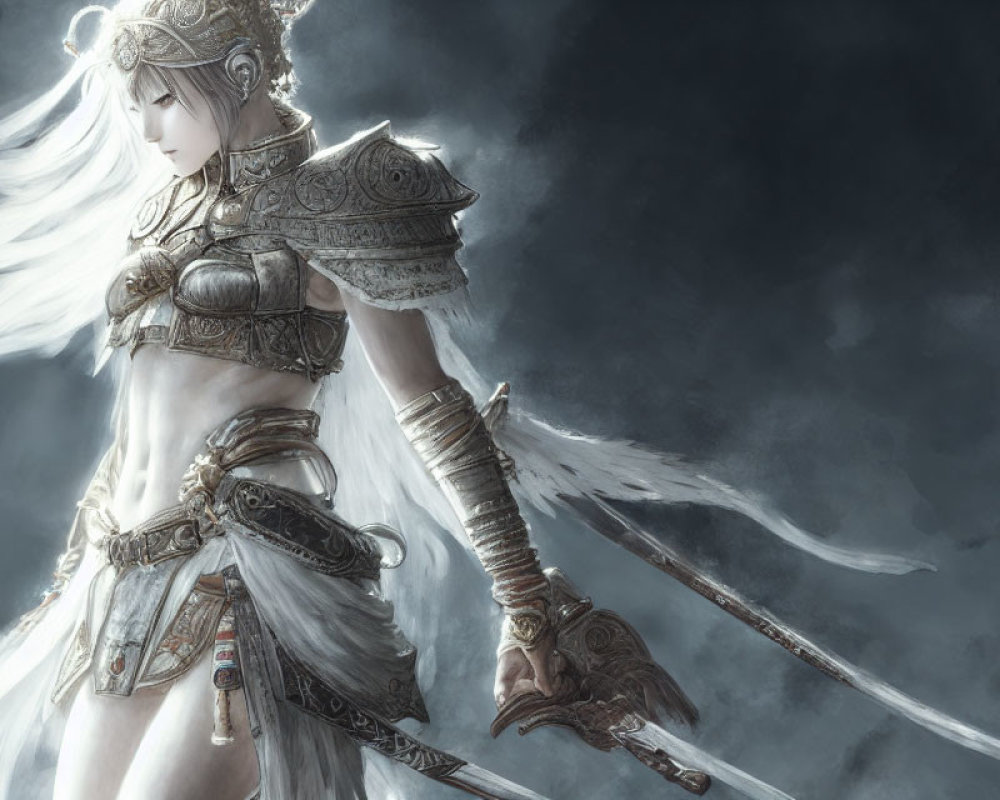 Female warrior in armor with feathered headdress wields ornate sword against misty backdrop