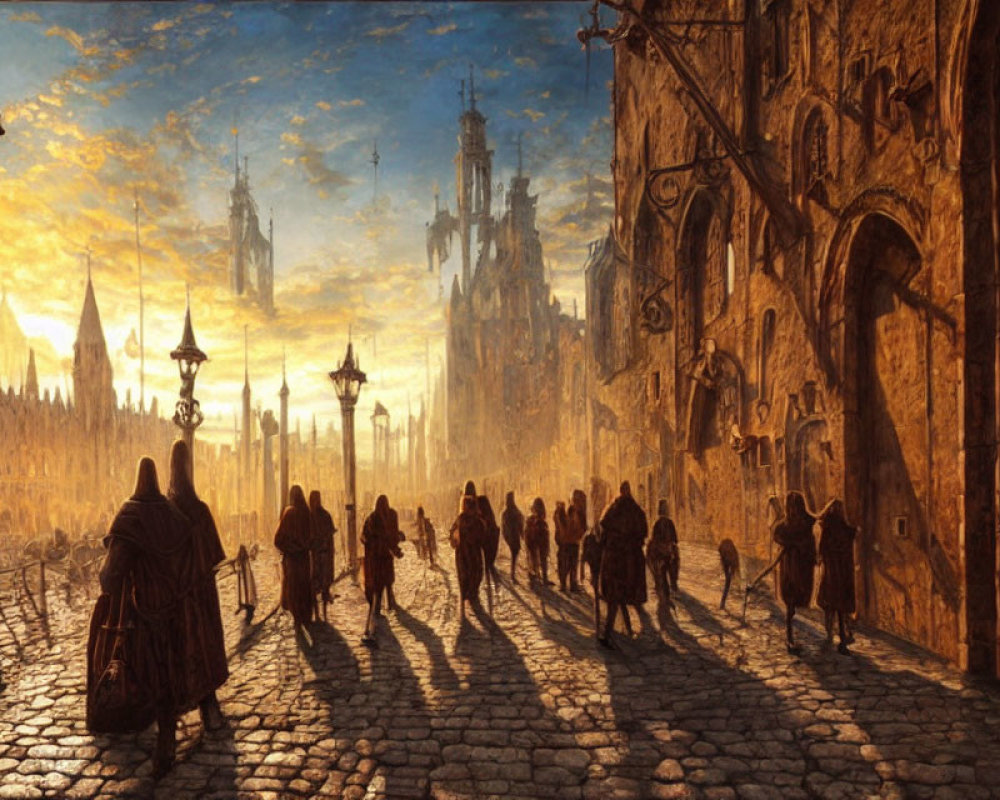 Medieval city street at sunset with townsfolk and cloaked figure among ornate buildings