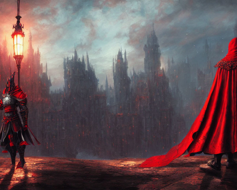 Ornate armored knight and figure in red cloak in gothic cityscape at dusk