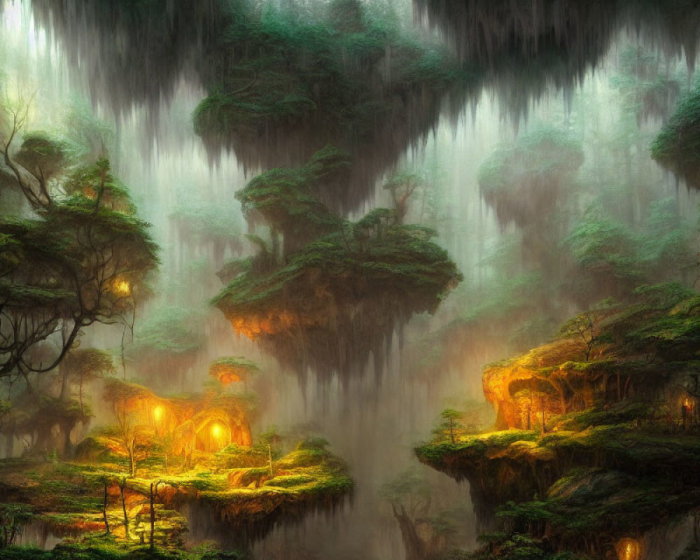 Ethereal forest with floating islands and glowing lights