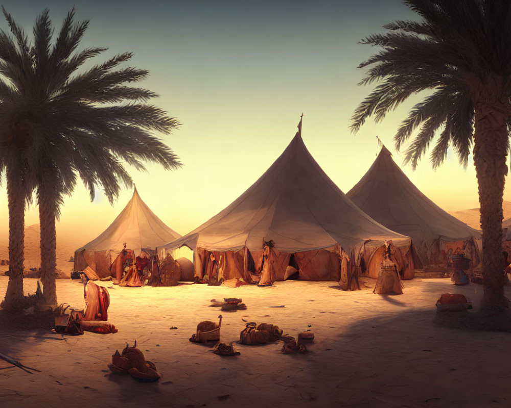 Sunset desert camp with large tents and palm trees: serene ambiance captured.