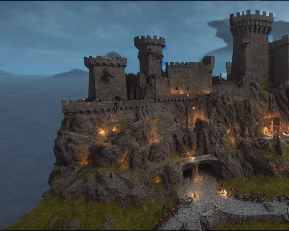 Stone castle on rugged cliff under stormy sky with lit torches