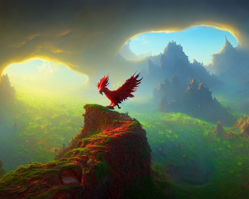 Red Phoenix Perched on Cliff Against Mystical Mountain Sunset