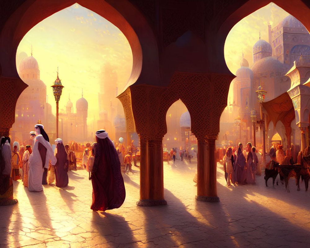 Vibrant oriental marketplace scene at sunset with traditional attired people.