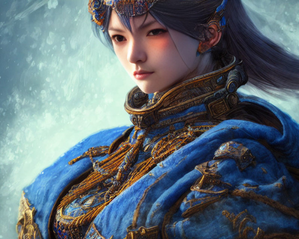 Digital artwork of woman in blue and gold armor on snowy background