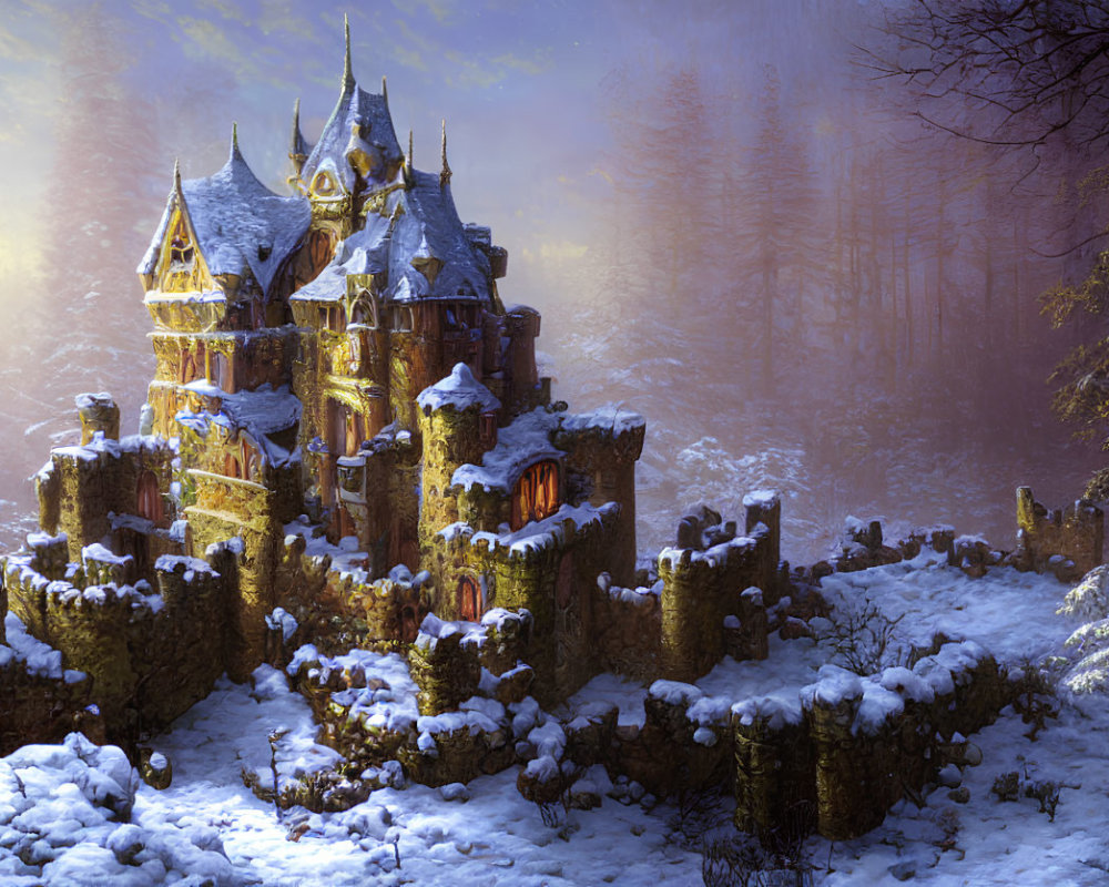 Snow-covered castle in wintery forest at sunset.