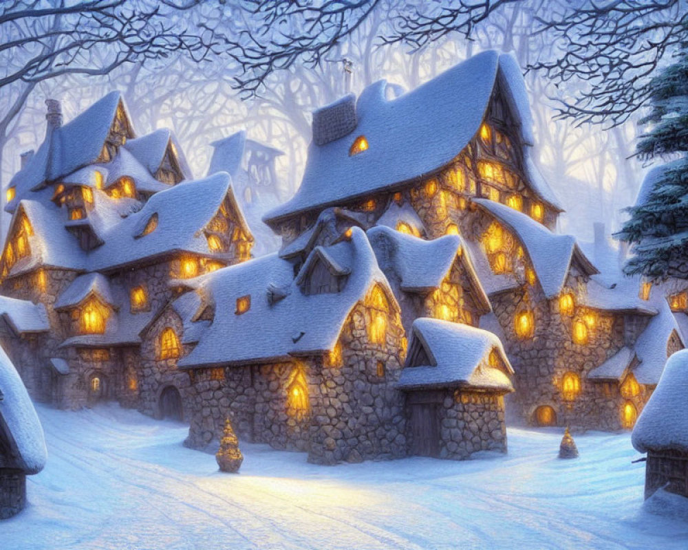 Snow-covered stone houses in serene winter forest twilight