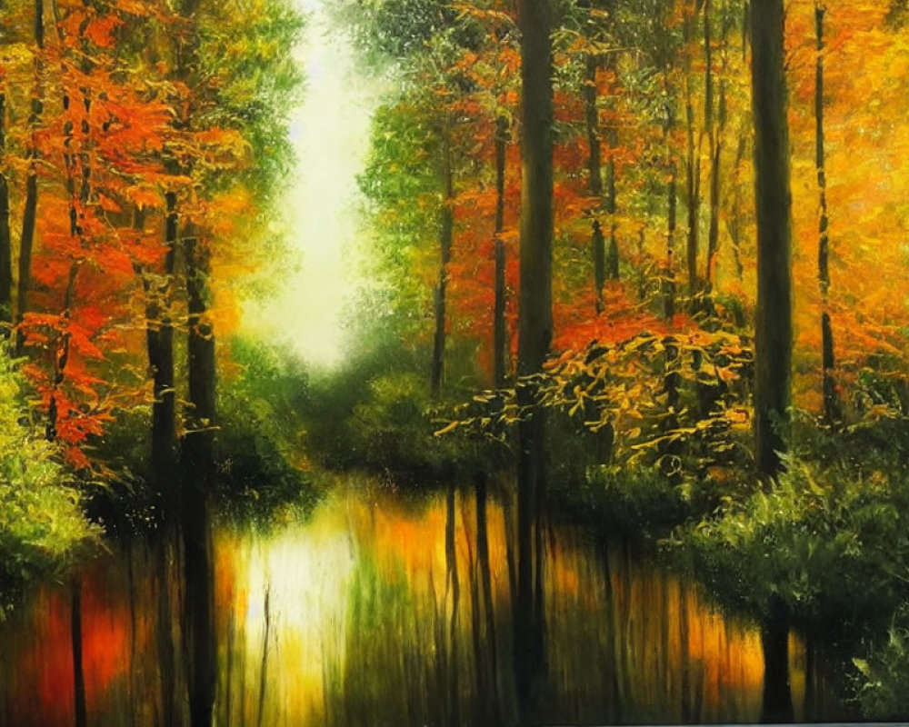 Tranquil forest painting with vibrant autumn colors and calm stream