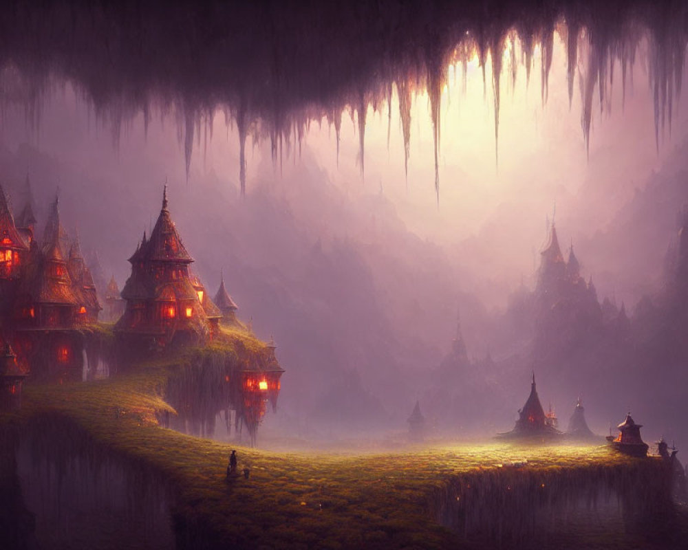 Ethereal landscape with fantasy structures and stalactites in mystic twilight