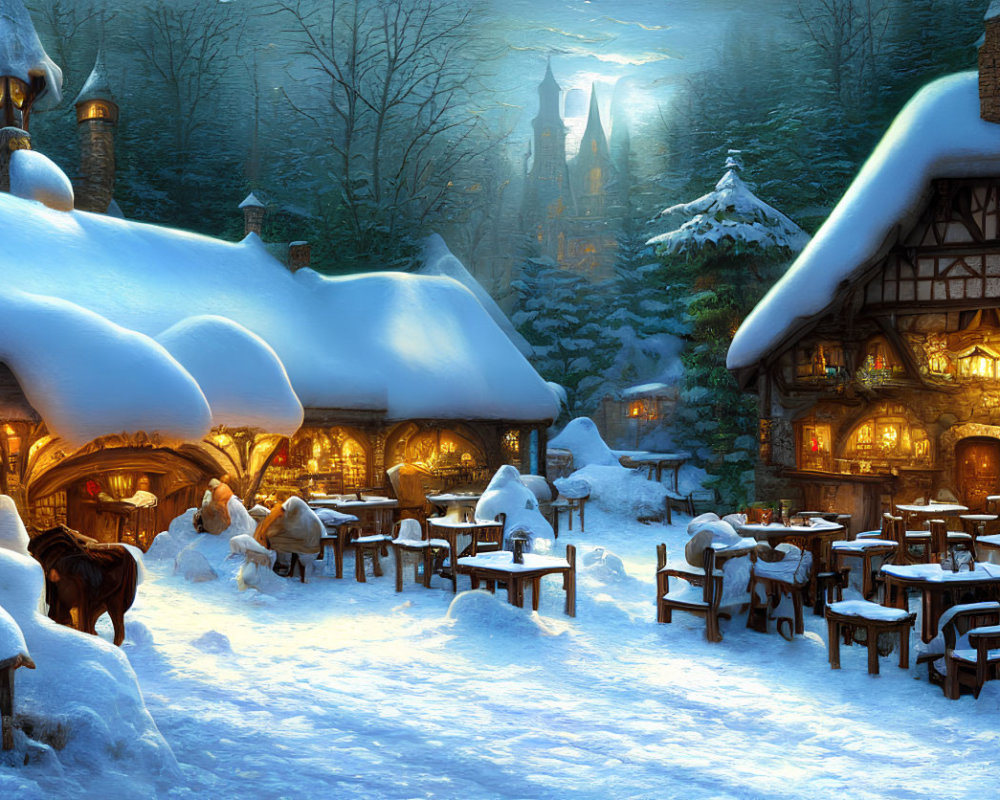 Snow-covered cottages, castle, and horse-drawn sleigh in winter village