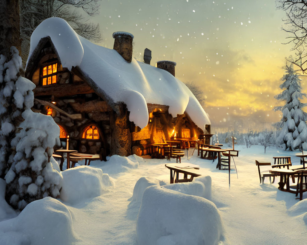 Snow-covered cottage with warm light at dusk surrounded by snowy trees