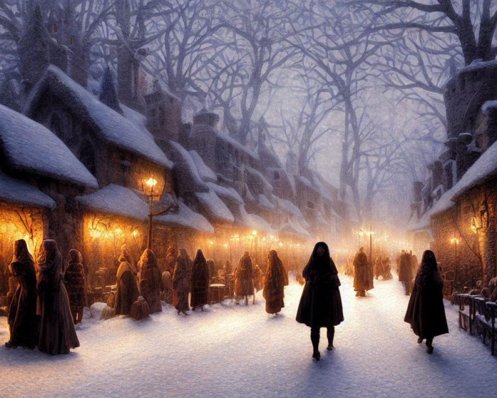 Snowy twilight village scene with cloaked figures and lantern-lit cottages.