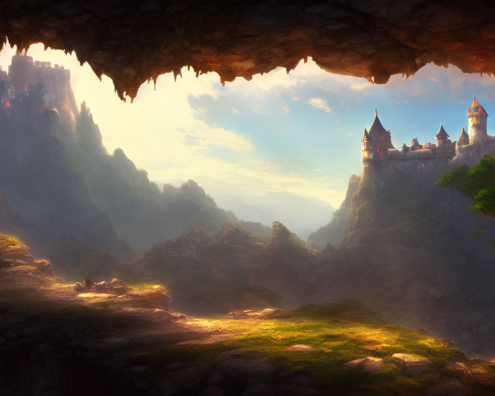 Mystical landscape with castle on cliffs and sunbeams filtering through clouds