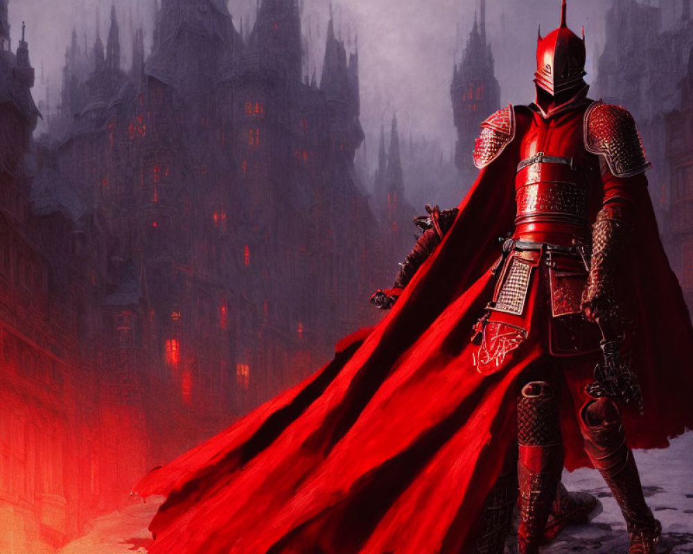 Knight in Red and Silver Armor Stands Before Gothic City