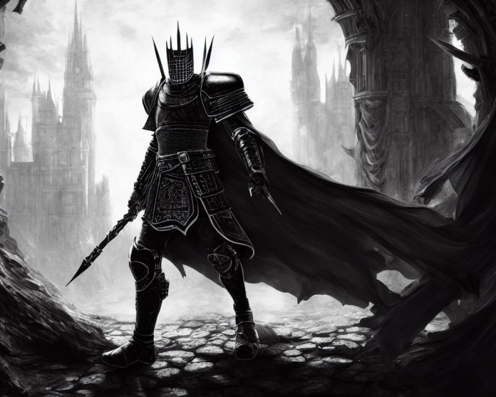 Monochrome artwork of armored knight with long sword in eerie gothic landscape