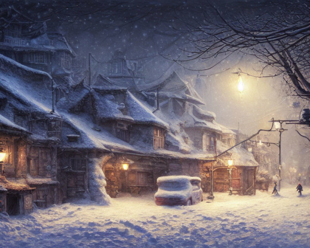 Snowy village at dusk: Warmly lit windows, snow-covered rooftops, person walking under street