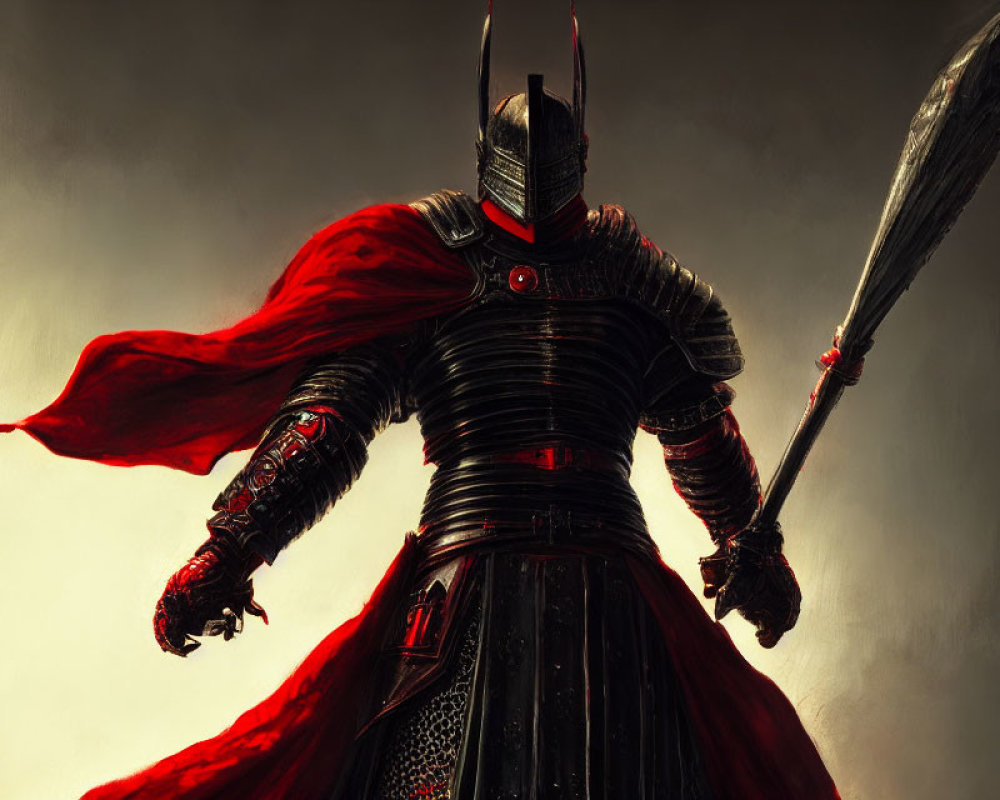 Dark-armored knight with red cape holding halberd symbolizing power.