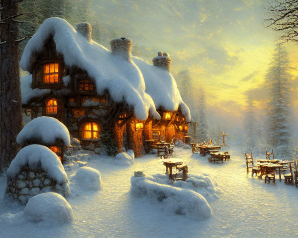 Tranquil snow-covered cottage in forest at dusk