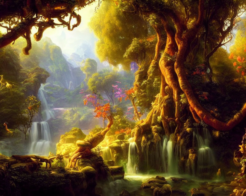 Mystical forest with vibrant foliage and waterfalls